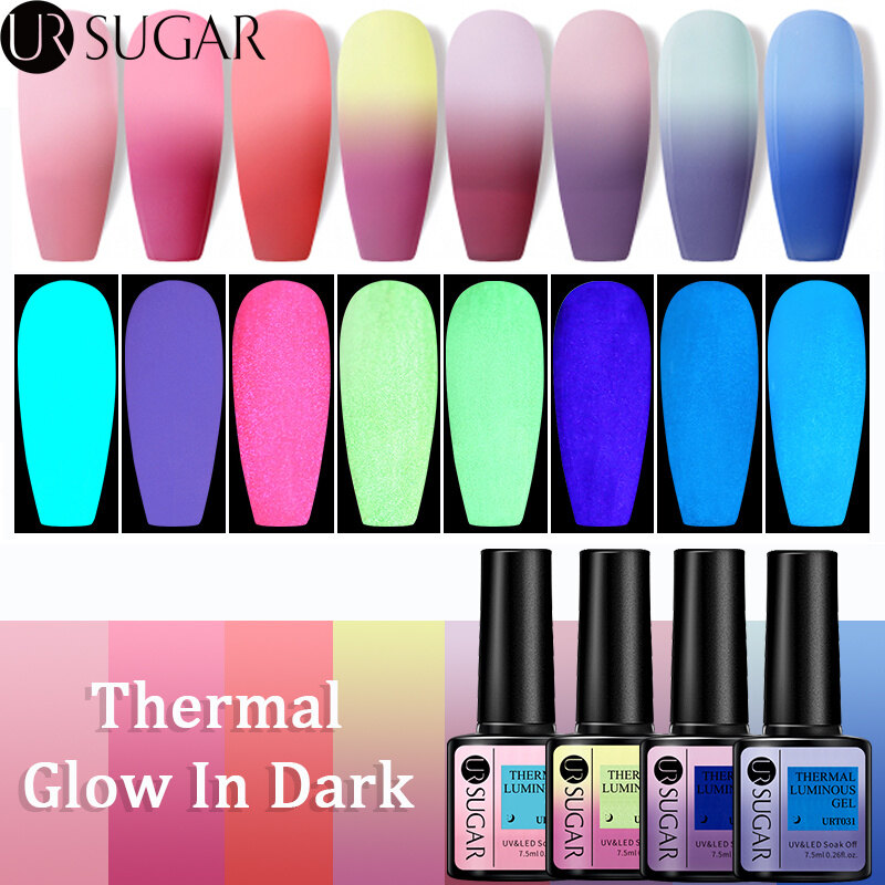 Ur sugar gel uv dạ quang nhiệt sơn móng tay dài sơn móng tay 2 trong 1 đổi màu sáng trong bóng tối sơn bóng thiết kế móng tay ngâm tắt làm móng