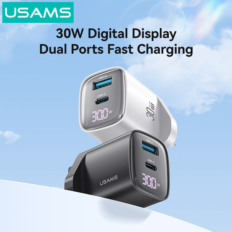 Usams 30W Gan Sạc cổng kép Màn hình hiển thị kỹ thuật số Củ sạc Iphone Nhanh Chóng Sạc USB A + USB C Cổng Anh/Chúng Tôi/EU Cắm sạc USB Adapter Đối Oppo Samsung Ổ cắm điện sạc điện thoại gắn tường