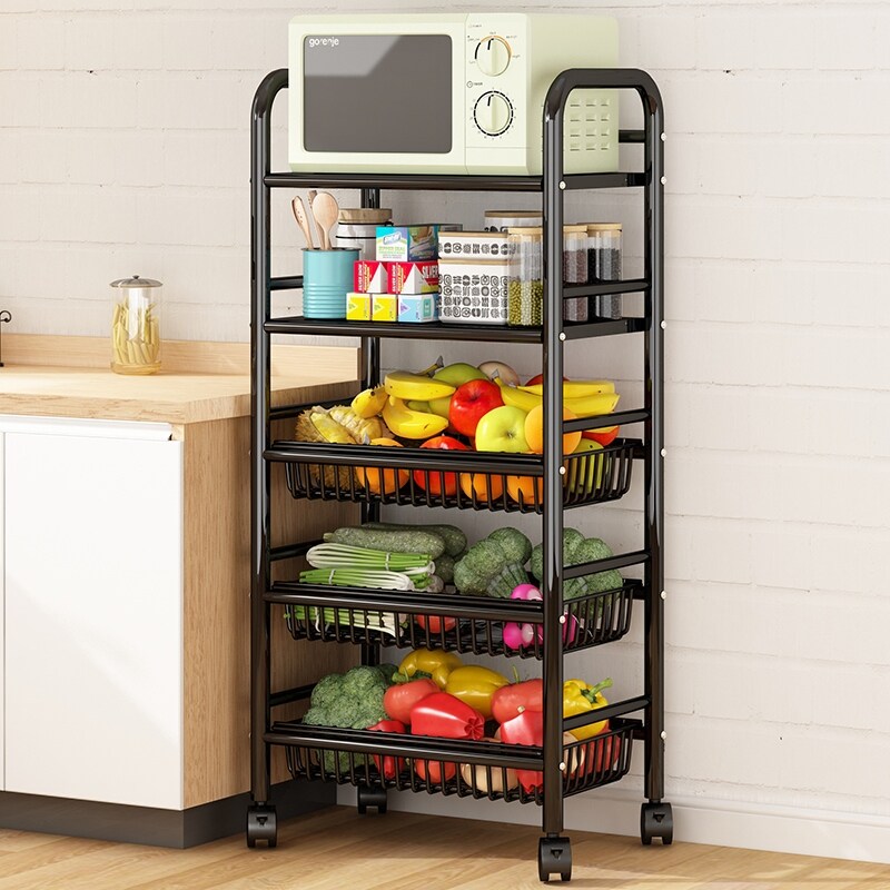 Gambar The kitchen shelf multilayer household multifunctional microwave landing fruit and vegetable basket cart to receive storage shelves
