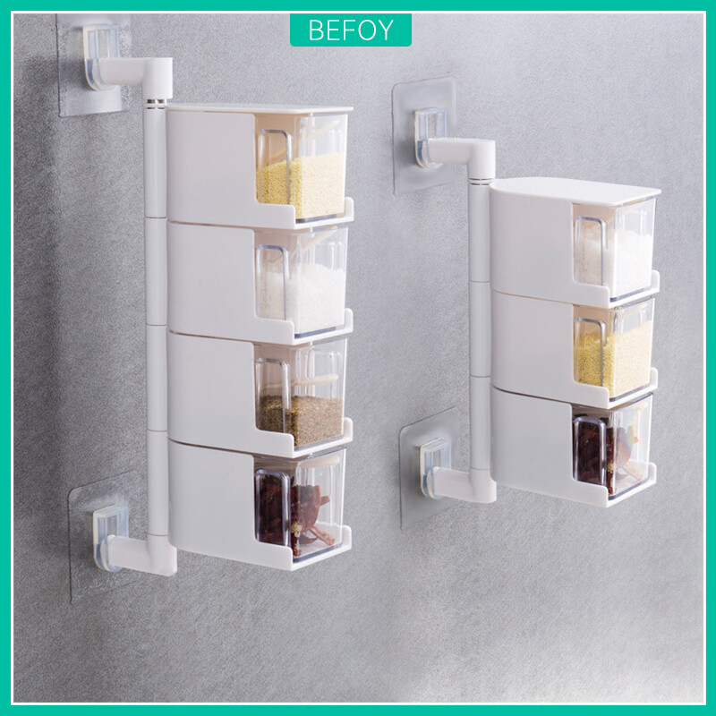 Gambar BEFOY Kitchen 3 4 Layer Rotate Spice Rack Wall Mounted Nail Free Storage Seasoning Box