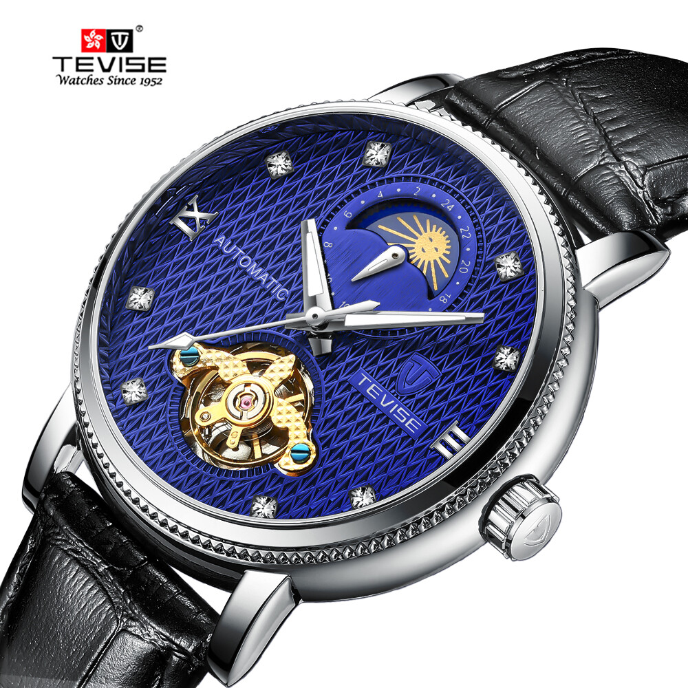  TEVISE T612 fully automatic movement popular leather luminous lunar phase display men's mechanical watch 