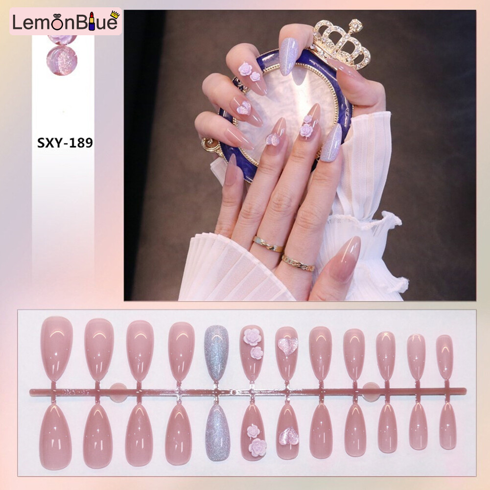 Gambar 24PCS 3D Pink Floral Fake Nails Long Pointed Head Sweet Style Artificial Nails False Nails with Jelly Gel Glue Finished Nails Piece for Women   Girls Removable Save Time