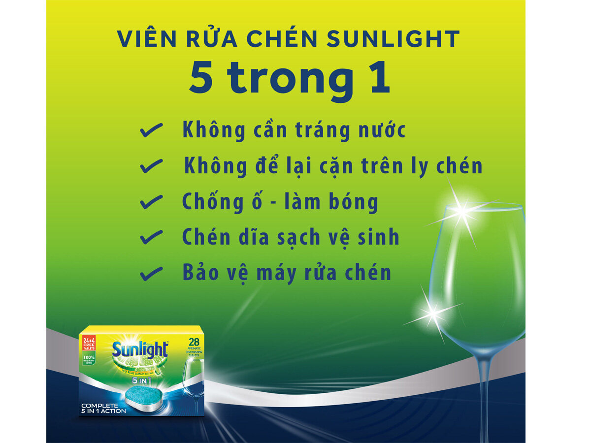 Viên rửa chén Sunlight 5 in 1 Hương chanh 28 viên/hộp (made in France)