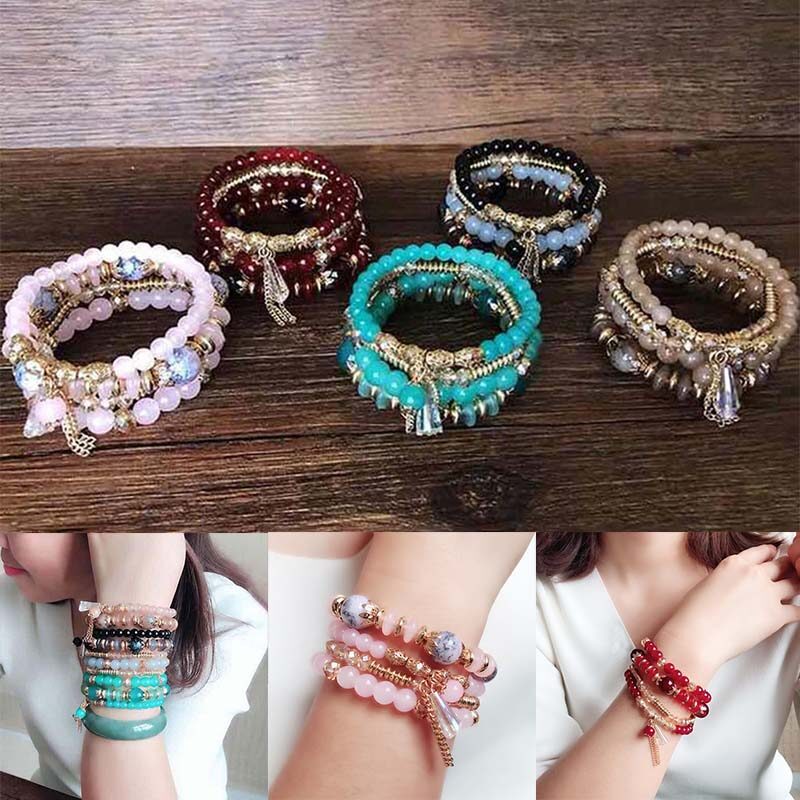 Vòng tay pha lê đính cườm boho gói 4 vòng tay đính cườm nhiều lớp