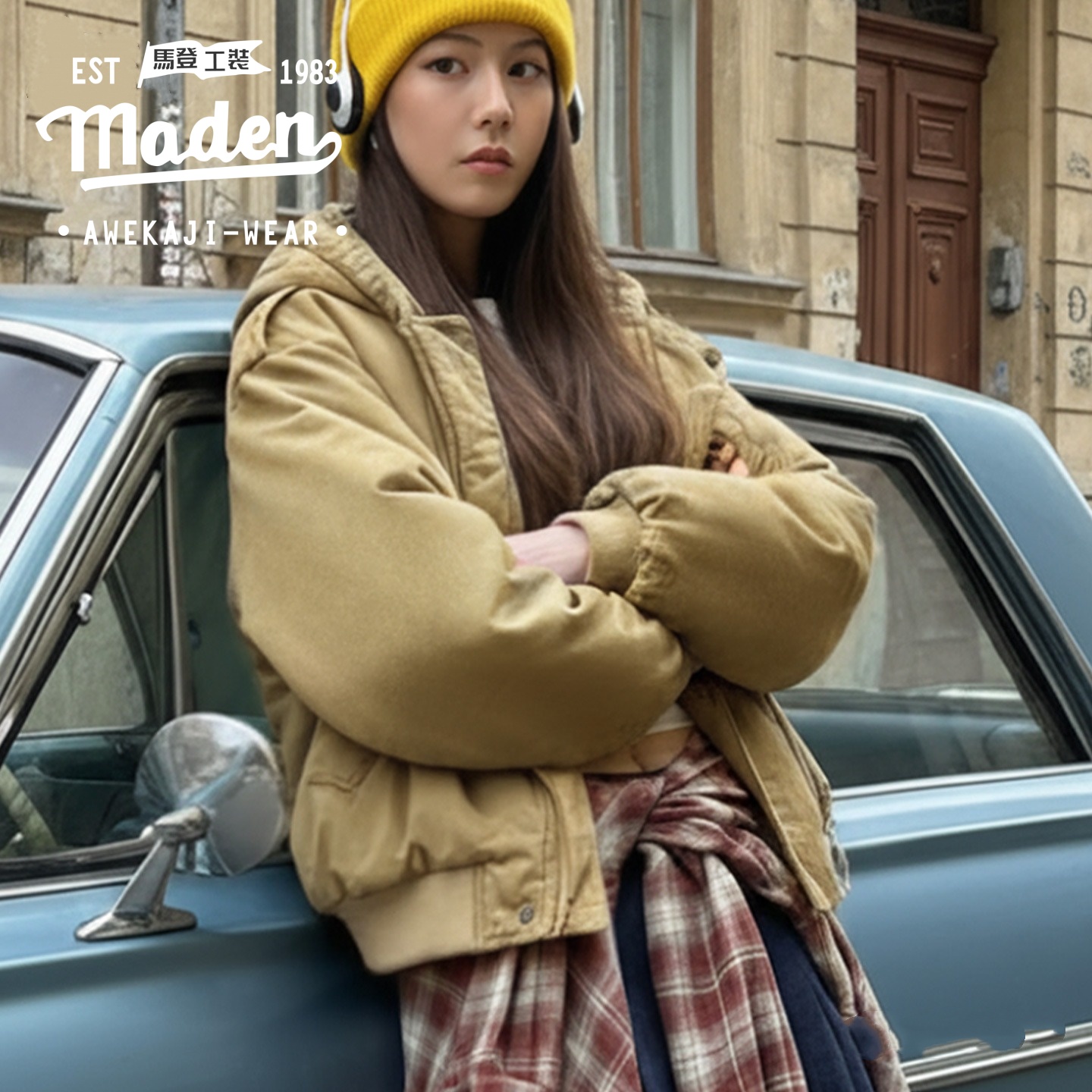 MADEN brand Khaki American vintage loose pilot jacket hooded workwear clip cotton clothing jacket women autumn winter ราคา 4,434 บาท*ส่งฟรี