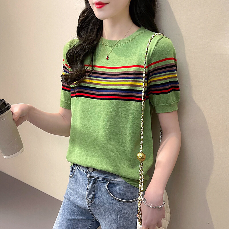  Áo Cho Nữ Áo Kiểu Hàn Quốc Mới Áo Thun Dệt Kim Ngắn Tay Áo Nữ Áo Sọc Mỏng 