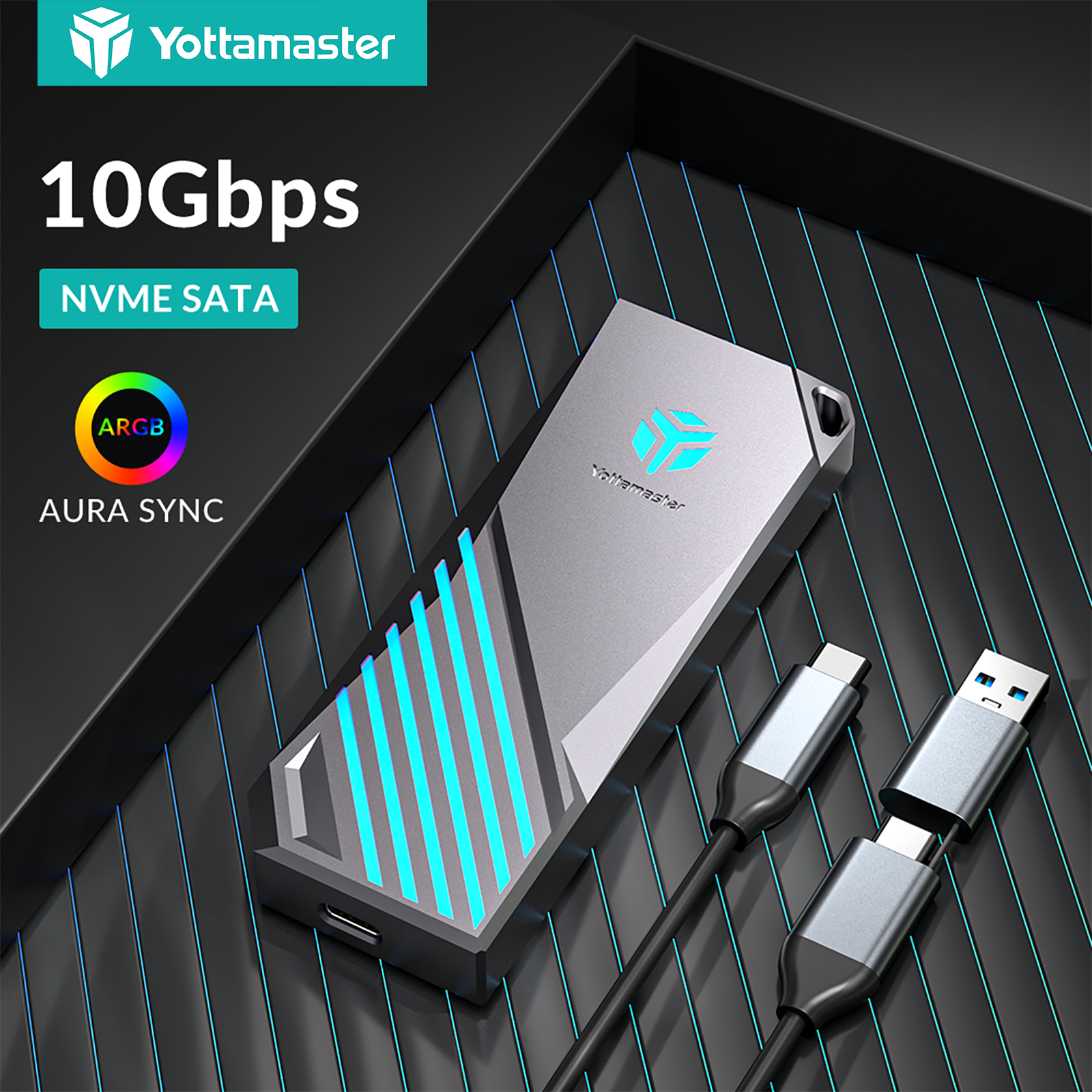 Yottamaster RGB M.2 SSD Case NVMe to USB3.2 Gen2 10Gbps NVMe PCIe & 5Gbps AHCI SATA/NGFF External Hard Drive Enclosure Adapter Box ราคา 983 บาท*ส่งฟรี