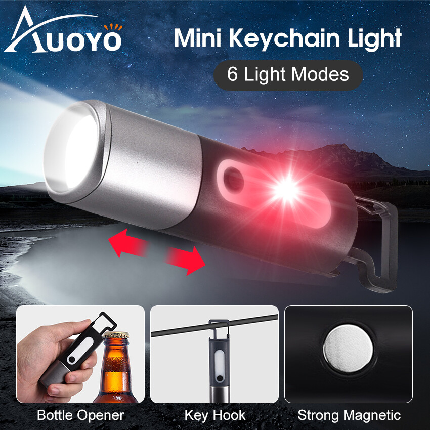 Auoyo đèn pin mini cầm tay Móc treo chìa khóa đa chức năng đèn Móc chìa khóa có thể sạc qua USB Kính thiên văn tập trung đèn flash bóng LED túi không thấm nước ánh sáng đèn pin EDC cho trường hợp khẩn cấp ngoài trời