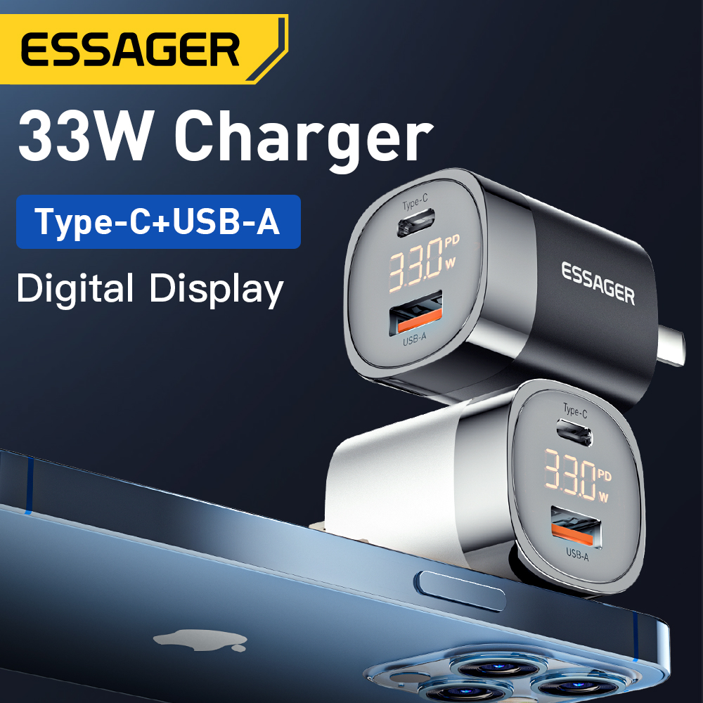 Essager 33W gan USB C Sạc màn hình hiển thị kỹ thuật số PD sạc điện thoại iPhone nhanh 13 12 Max Pro iPad cho Xiaomi POCO Samsung sạc