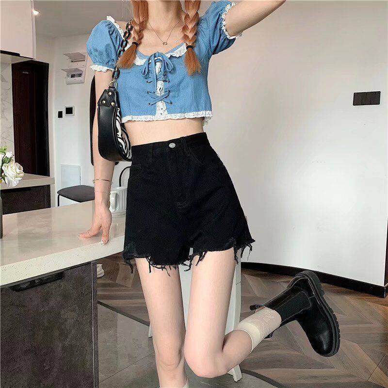 Large size denim shorts women's summer hot girl 2022 new thin loose and thin A-line raw edge black high waist hot pants