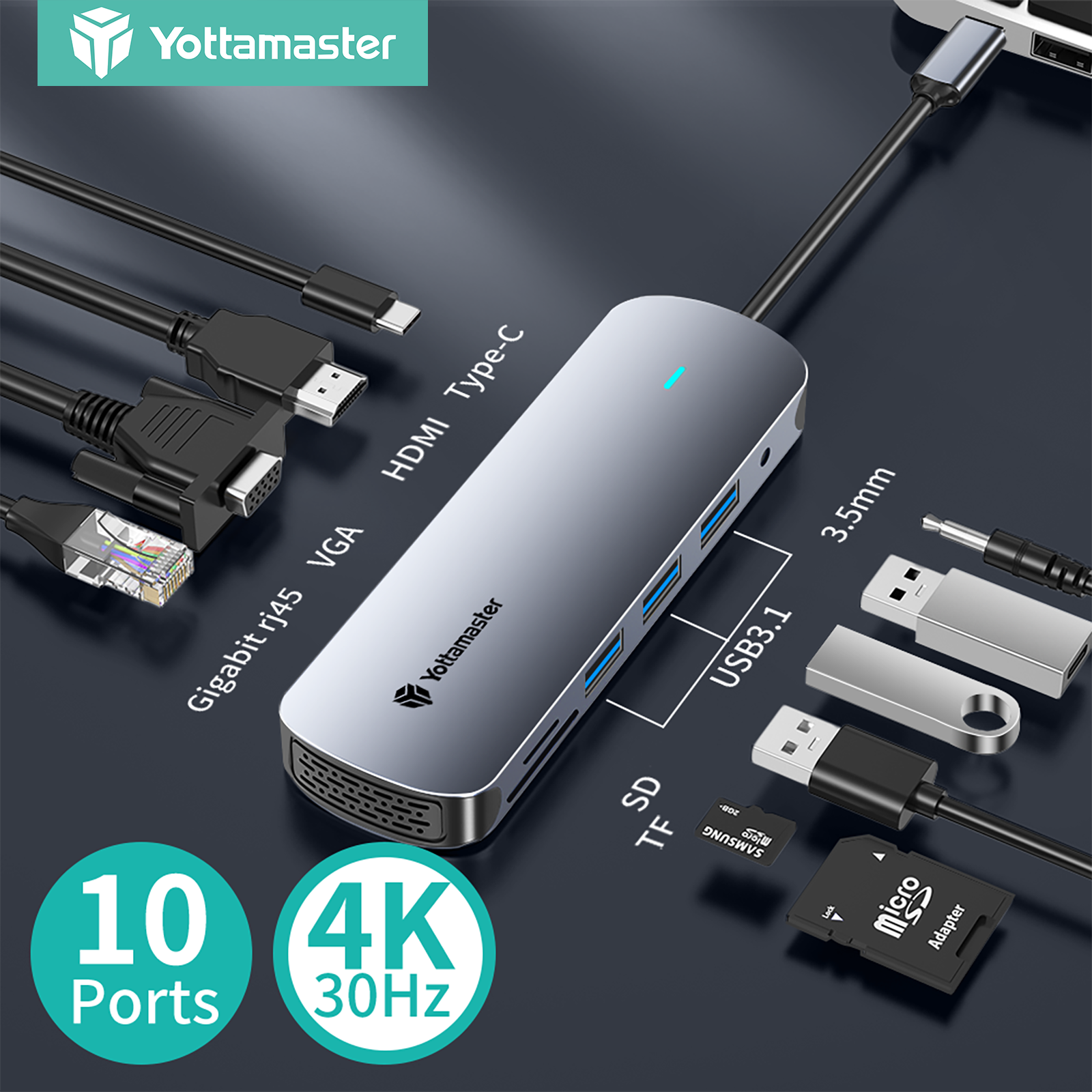 Yottamaster 10 in 1 USB C Hub 4K 60Hz Type C to HDMI VGA USB 3.0 Adapter Type C Hub Dock RJ45 SD TF Card Reader PD 100W Charger For Macbook Pro Air Notebook USB C Splitter