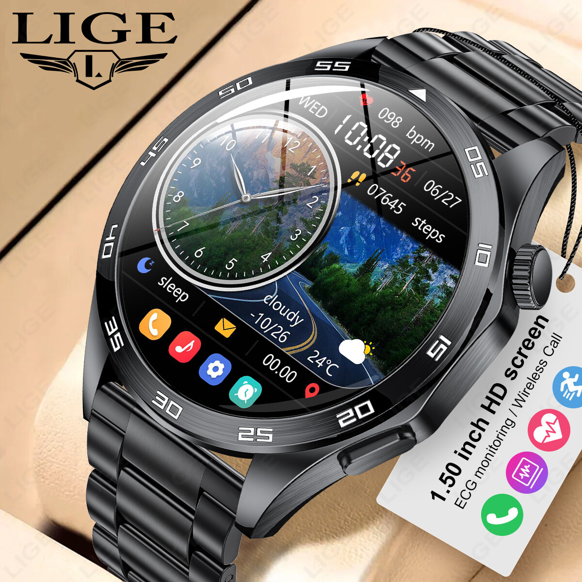 LIGE Smart Watch Men Bluetooth Call and ECG Monitoring IP67 Waterproof Sports Fitness Watch for Android iOS