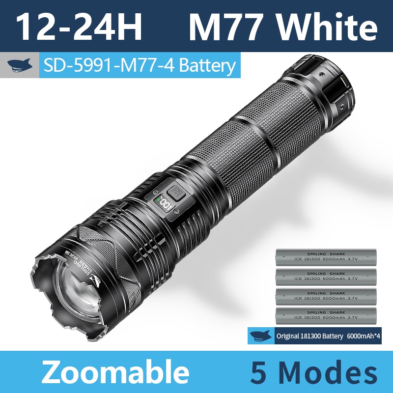 Smiling Shark Flashlight Original SD5990 Super Bright Torch light Led M77 10000LM Powerful Strong Bright Long Shot USB Rechargeable Zoomable Torch 11200mAh Power Dispaly Outdoor Camping Fishing Hiking Car Emergency With Hammer Lamp