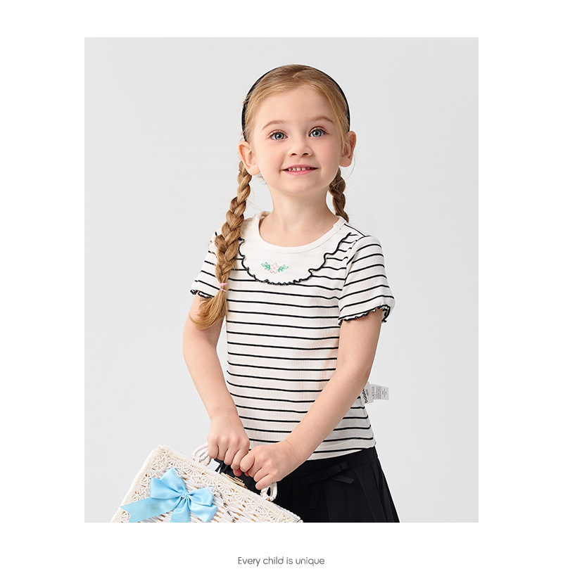 balabala Children Baby Short Sleeve Girl T-Shirt Children Top 2025 New Summer Shoulder-Fit Inner Wear Embroidered T-Shirt · v5
