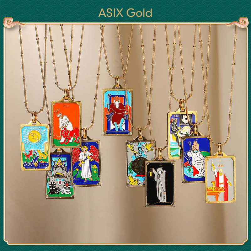 ASIX GOLD Vintage Tarot Pendant Necklace Rectangular Color Enamel Charm Necklace Star Moon Sun Design Unisex Chain Anti-Tarnish Gift for Couples ราคา 172 บาท*ส่งฟรี