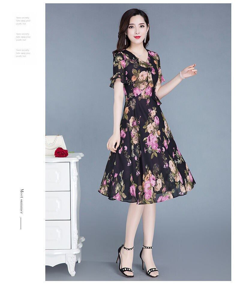 2012 new dress women's summer dress large size printed skirt big brand high-end temperament floral mother Medium-length dress