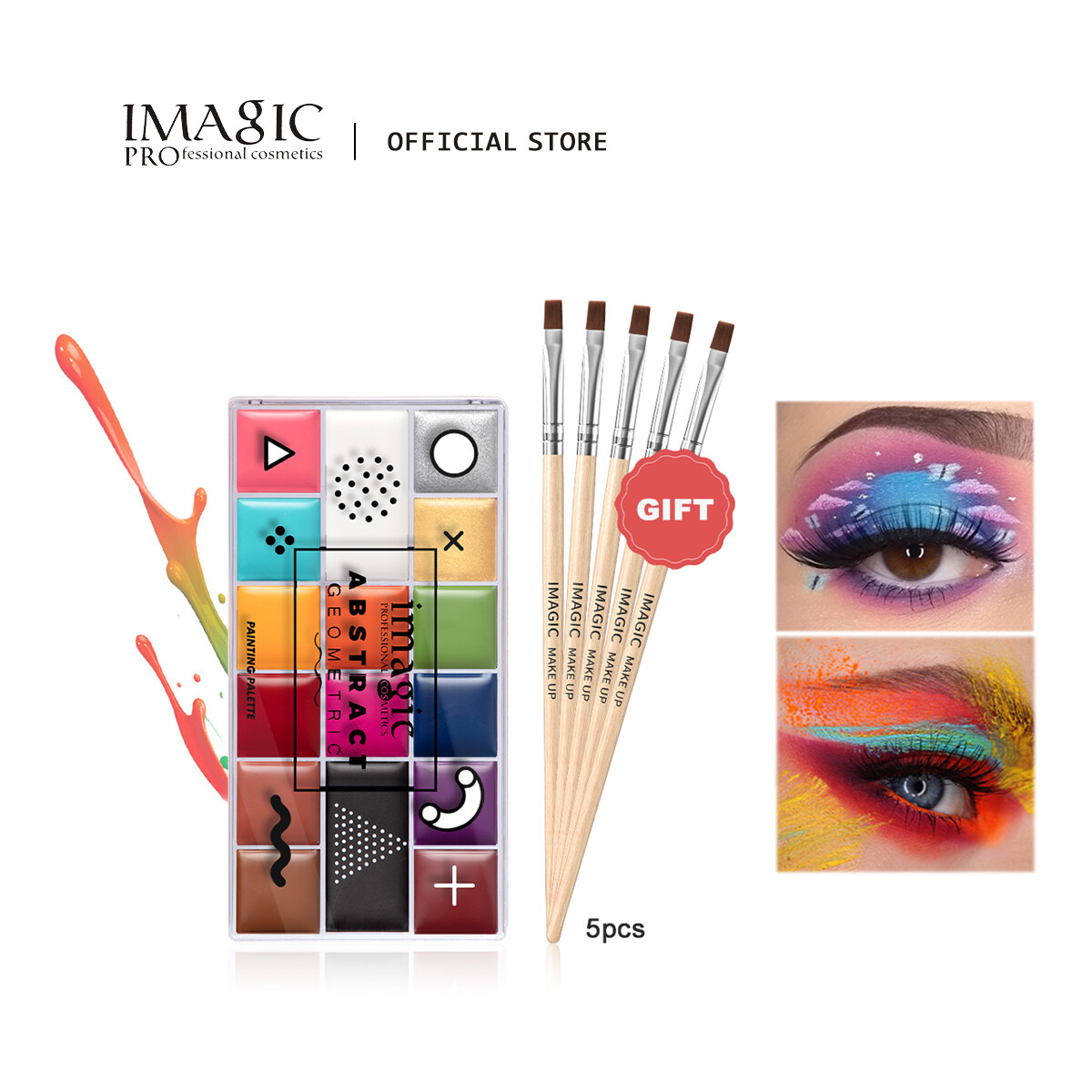 Gambar IMAGIC Face Paint Set Professional Abstract Palette For Kid Halloween Art Party Fancy Makeup 16 Colors With 5pcs Brushes