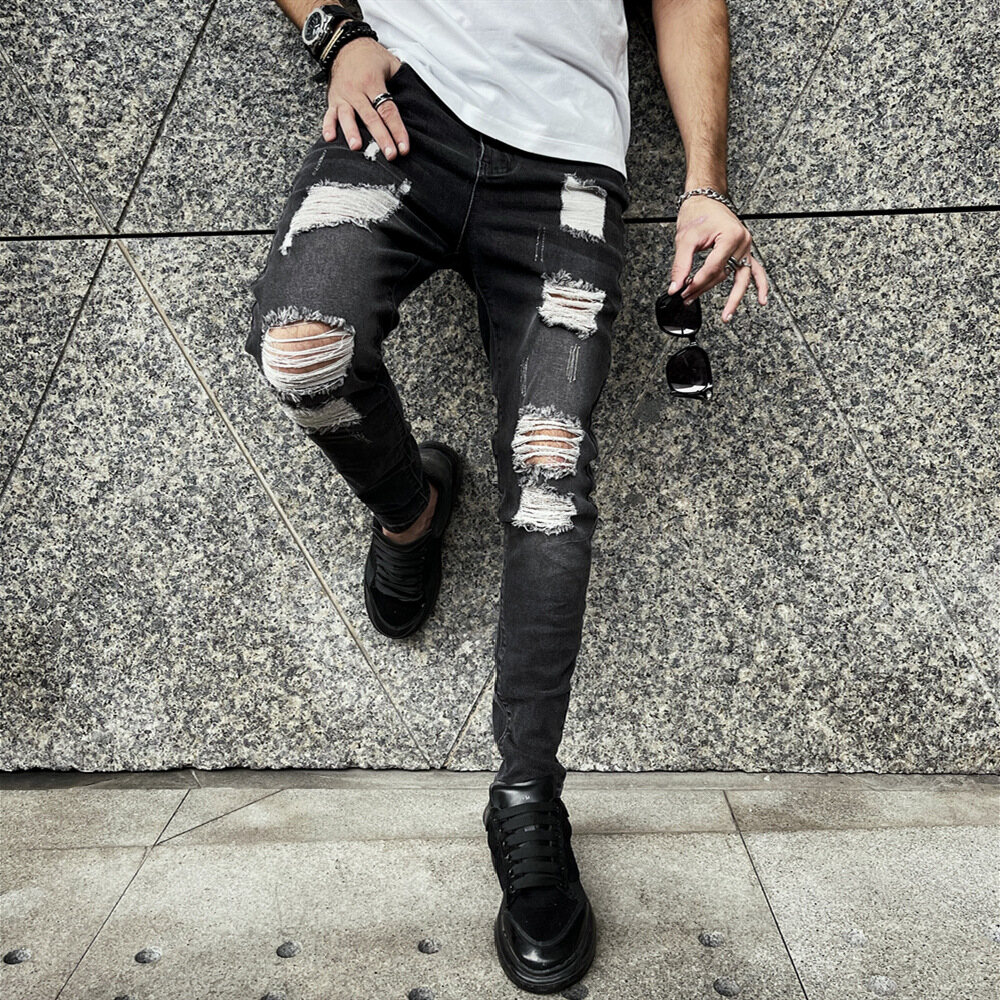 HOPEU Quần Jean Rách Bó Cho Nam Quần Dài Quần Jins Dài Co Giãn Co Giãn Ôm Sát Rách Cho Nam Quần Jogger Denim Rách Kiểu Biker Quần Có Khóa Kéo Rách Kiểu Mới Quần Thường Ngày Phong Cách Mới Quần Jean Celana Panjang Lelaki Seluar Koyak