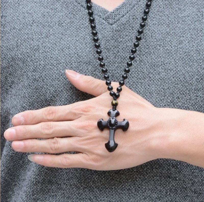free Beads Necklace Pretty Natural Black Obsidian Carved Cross Lucky Pendants