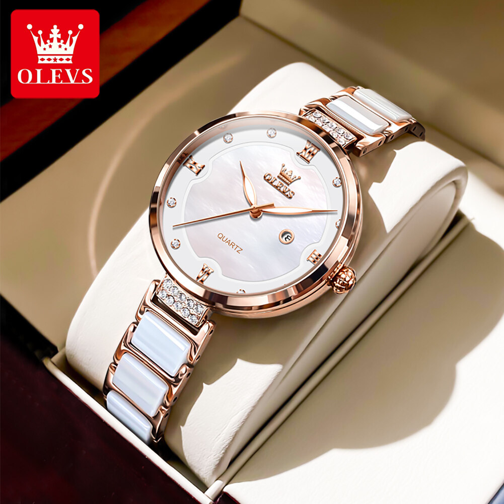 OLEVS Watch For Women New Model Waterproof Elegant Beautiful Premium Diamond Quartz Ceramic Strap Luminous Calendar Ladies Watch