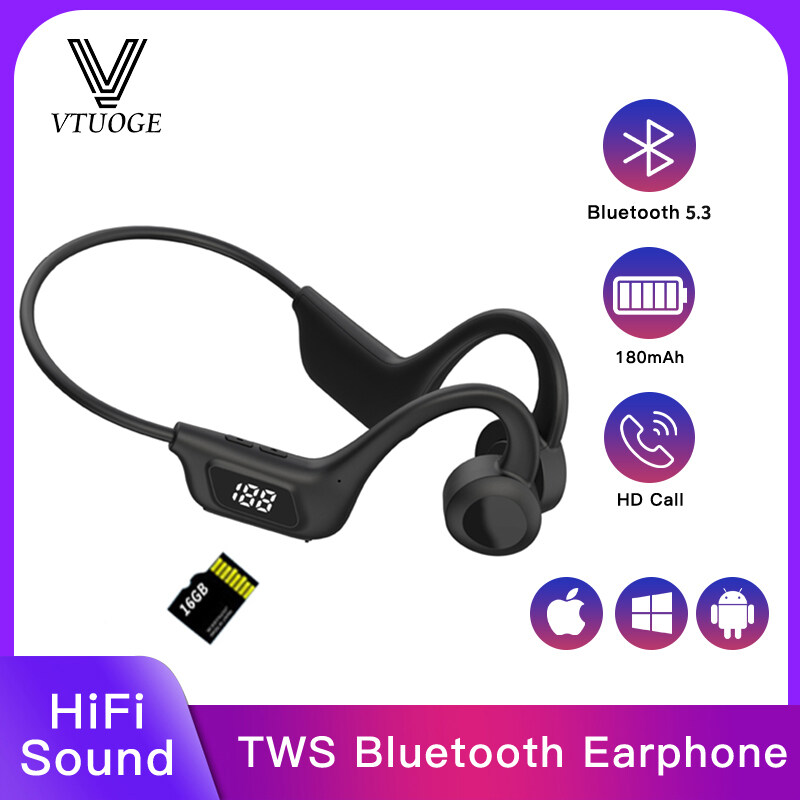 VTUOGE Bone Conduction Earphones Wireless Bluetooth 5.3 Headsets Waterproof Running Sports Headphones Noise Reduction Earbuds with microphone MP3 Support SD Card