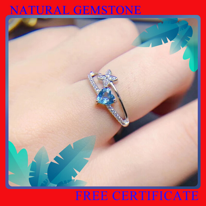 Vòng đá topaz xanh London tự nhiên hình trái tim Nhẫn đeo ngón tay hàng ngày 925 Nhẫn nữ Bạc