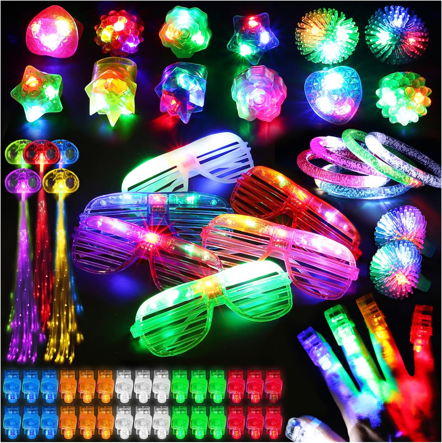 78PCs LED Light Up Toy Party Favors/Supplies Bulk Glow In The Dark For Kids Birthday Halloween With 50 Finger Light, 12 Jelly Ring, 6 Flashing Glasses, 5 Bracelet, 5 Fiber Optic Hair Light Harga  160 Ringgit*Penghantaran Percuma