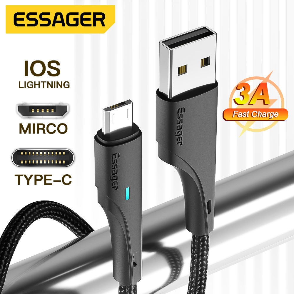 Essager Cáp LED 3A 0.5 C Loại USB M/1M/2M/Cáp Micro/Bộ Sạc Cáp Lightning Cho Samsung Huawei Xiaomi S