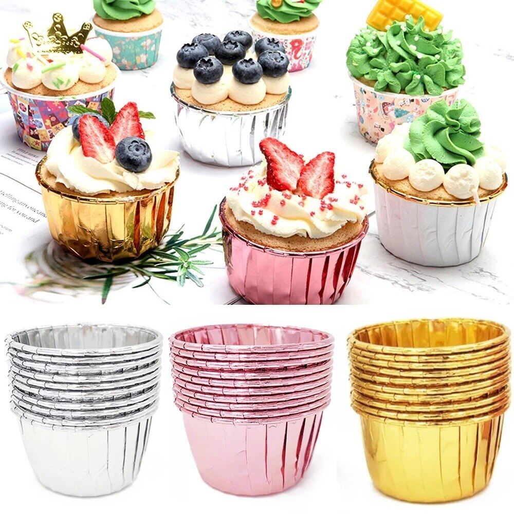 Gambar 50Pcs Cupcake Paper Cup Oilproof Cupcake Liner Baking Cup Tray Case Wedding Party Caissettes Golden Muffin Wrapper Paper