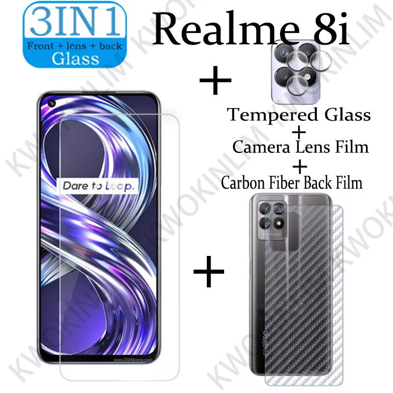 (3 in 1) For Realme 8i 8Pro 5G tempered glass protective film,transparent  tempered glass camera lens protective film carbon fiber back cover