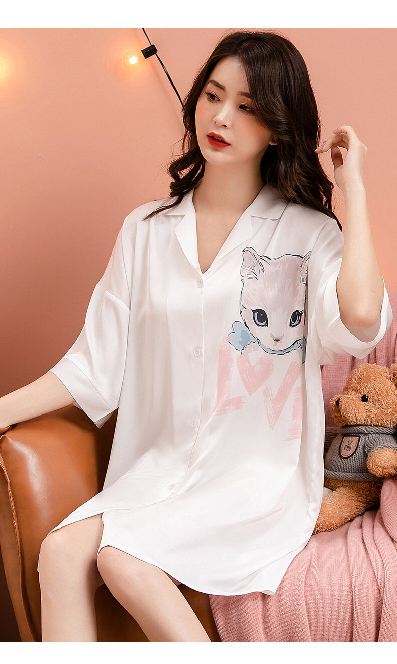 Váy ngủ nữ Cho Phụ Nữ, V-Cổ Cài Cúc Voan Phim Hoạt Hình Mùa Hè Mỏng Ngủ