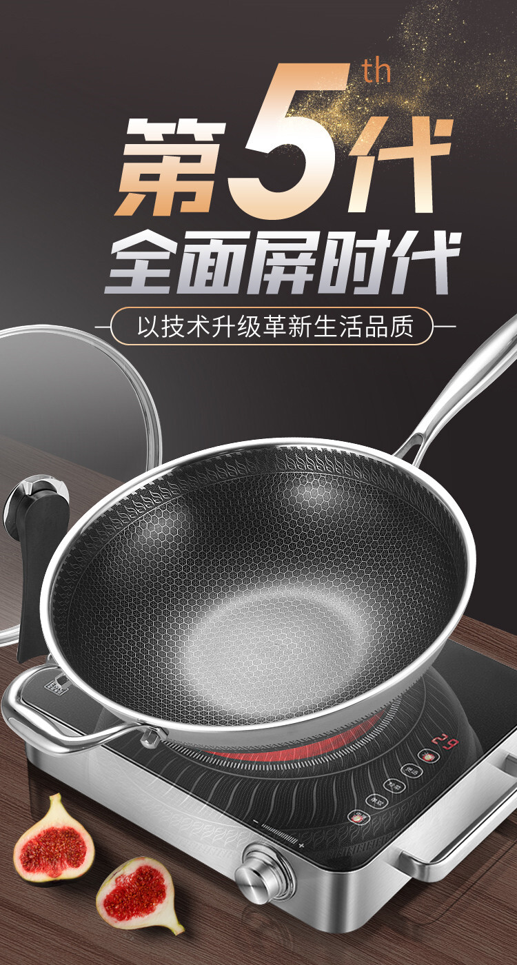 Gambar Premium 304 Stainless Steel Double Sided Full Honeycomb Non Stick Wok with Steel Cover 34CM