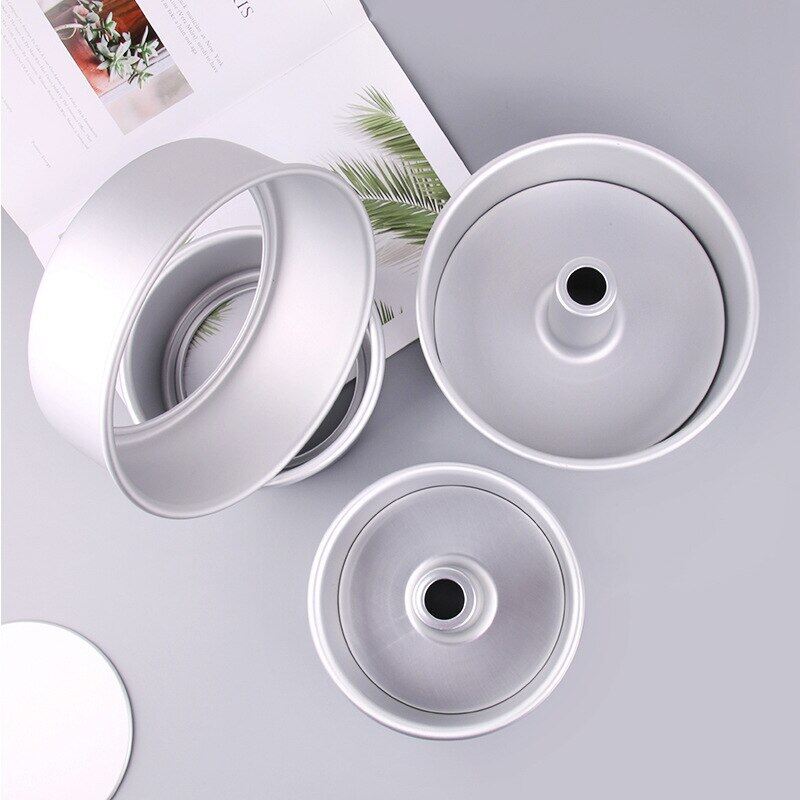 Gambar 4 6 8Inch Aluminum Alloy Round Chiffon Cake Pan Removable Bottom Hollow Chimney Cake Mold DIY Baking Cake Tools