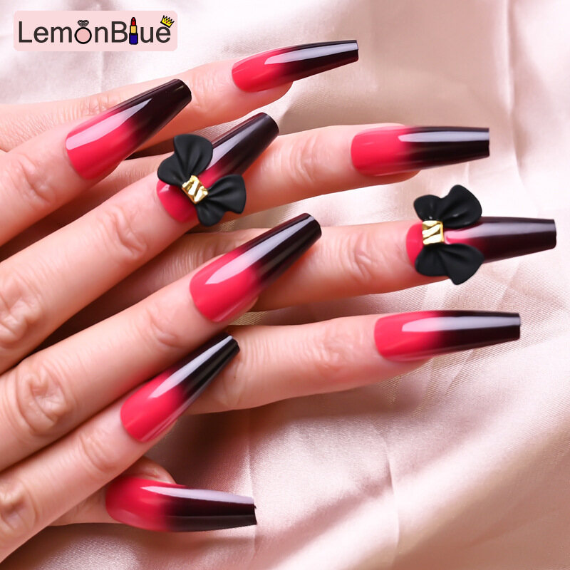 Gambar LemonBlue 24PCS Coffin False Nails Long Flat Head Ballerina Nails Sweet Style Wearable Finished Nail Piece with Jelly Gel