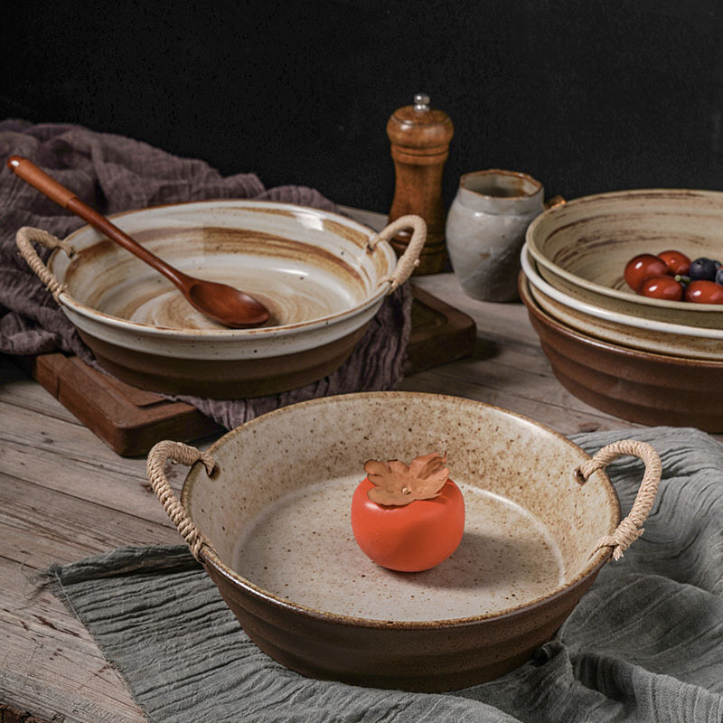 Gambar Japanese style Coarse Pottery Rope Double ear Plate Large Household Dish Deep Soup Dish Retro Homestay Tableware External Thread Dish Basin