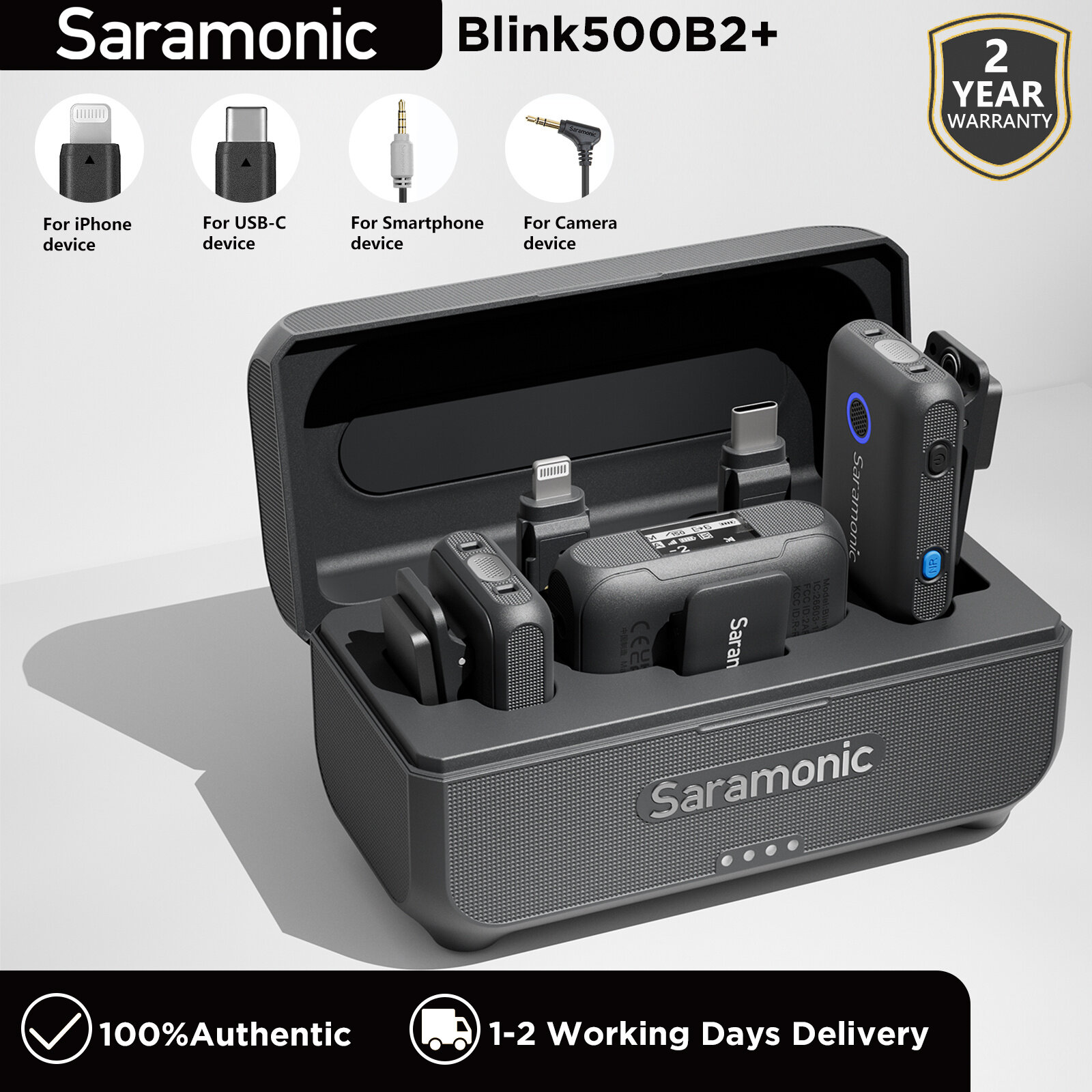 Saramonic Blink500B2+ Wireless Microphone with 3.5mm TRS Output, USB-C and iOS Lightning Adapters Noise Cancellation Low-cut Filter OLED Screen Real-time Monitor Jack for iPhone Android iPhone15 Cameras Computers for Live Stream Vlog Interview