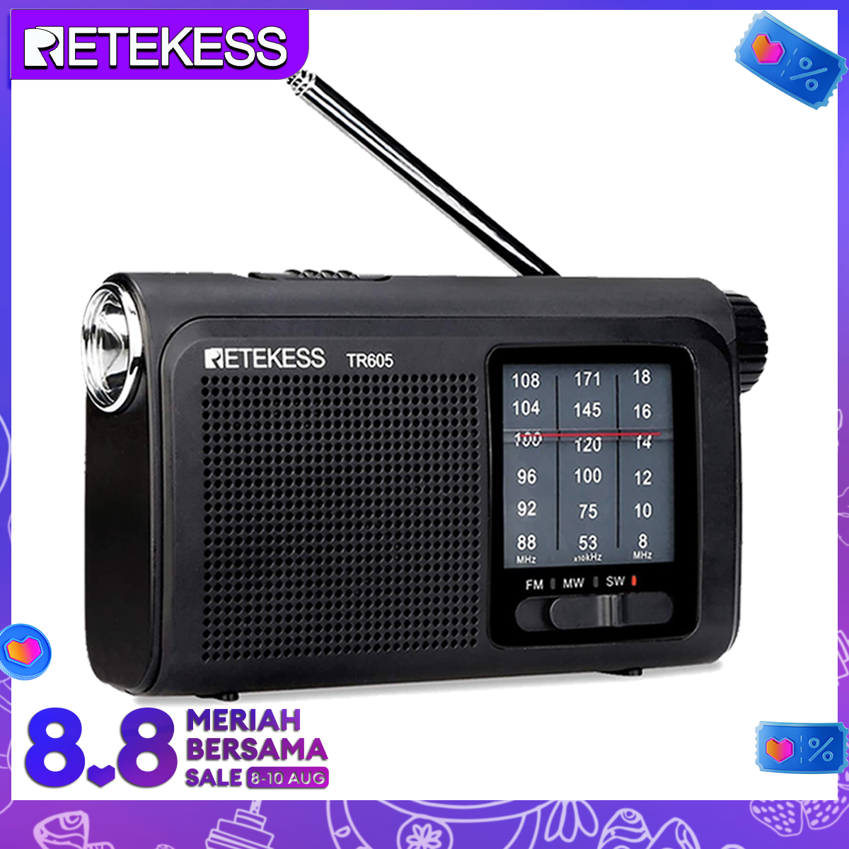 Retekess Tr605 AM FM Được Vận Hành Đài Phát Thanh Bóng Bán Dẫn Sóng Ngắn Di Động Với Đèn Pin Khẩn Cấp LED Giắc Tai Nghe (Đen)