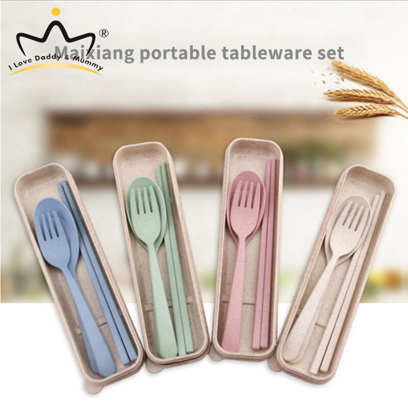 3PCs Set Portable Reusable Spoon Fork Travel Chopsticks Wheat Straw