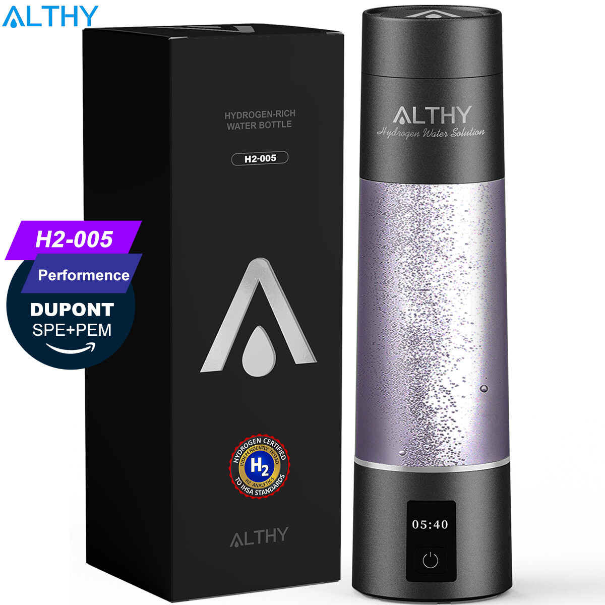 ALTHY Performance Hydrogen Water Generator Bottle Machine DuPont SPE&PEM Dual Chamber lonizer Cup MAX 5000PPB + Time&Battery Display, H2 Analytics Certified to IHSA Standard ราคา 4,157 บาท*ส่งฟรี