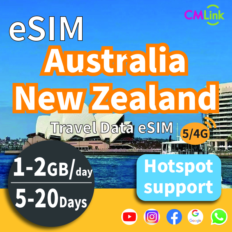 Australia and New Zealand Travel Data eSIM Card with Unlimited (5-20Days, 1GB/2GB Daily High-Speed Data+Hotspot+Top-Up,QR Code Sent to Your Email) ราคา 727 บาท*ส่งฟรี