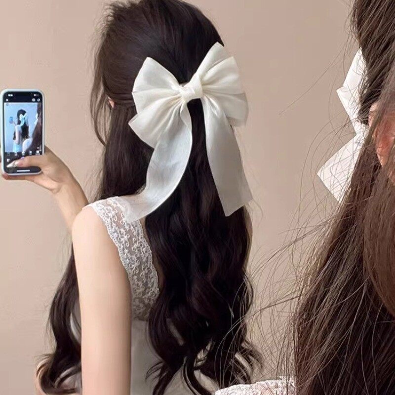 Kẹp tóc phụ nữ thanh lịch màu trắng, kẹp tóc nơ lưới, phụ kiện tóc sành điệu