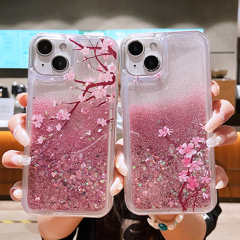 CrashStar Cherry Blossoms Floral Liquid Quicksand Phone Case For iPhone 14 13 12 11 Pro Max Mini XS XR X 8 7 6 6S Plus + SE 2020 Pink Soft Case Pink Flower Cover Hot Sale