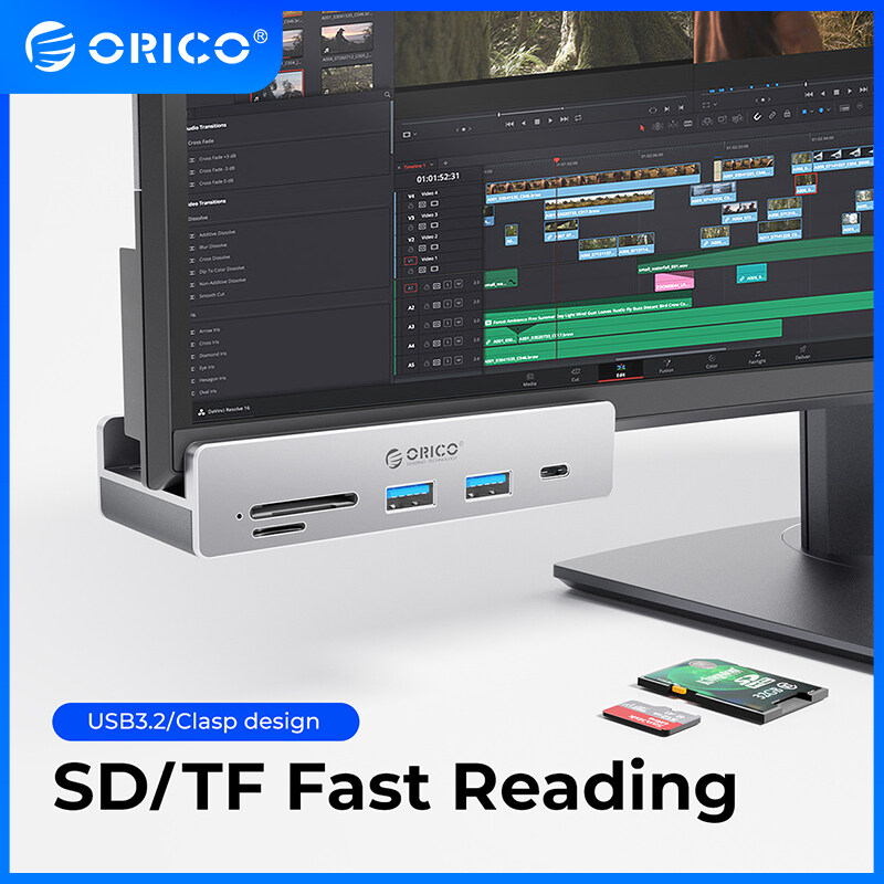 ORICO USB Hub 3.2 Hub 6-Port Type C Expansion with Power Connector, 10Gbps Protocol, High-Speed Transmission, SD, TF Card, Fast Reading