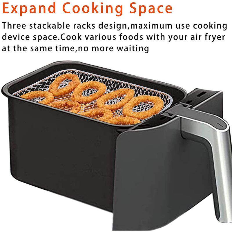 Gambar Air Fryer Tray Air Fryer Three Stackable Dehydrator Racks 304 Stainless Steel Air Fryer Basket Tray Air Fryer Accessories Air Fryer Basket Air Fryer Racks