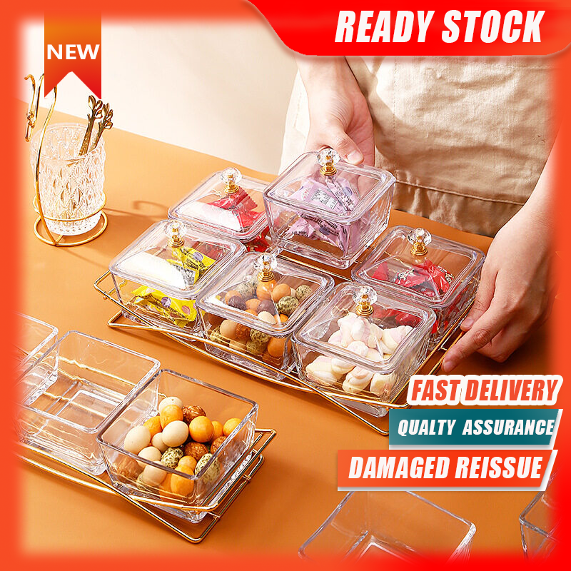 Gambar ??READY  STOCK??Tea Art Glass Snacks Grid Plate With Plastic Cover Home Living Room Snacks Plate Candy Nut Plate Dried Fruit Plate