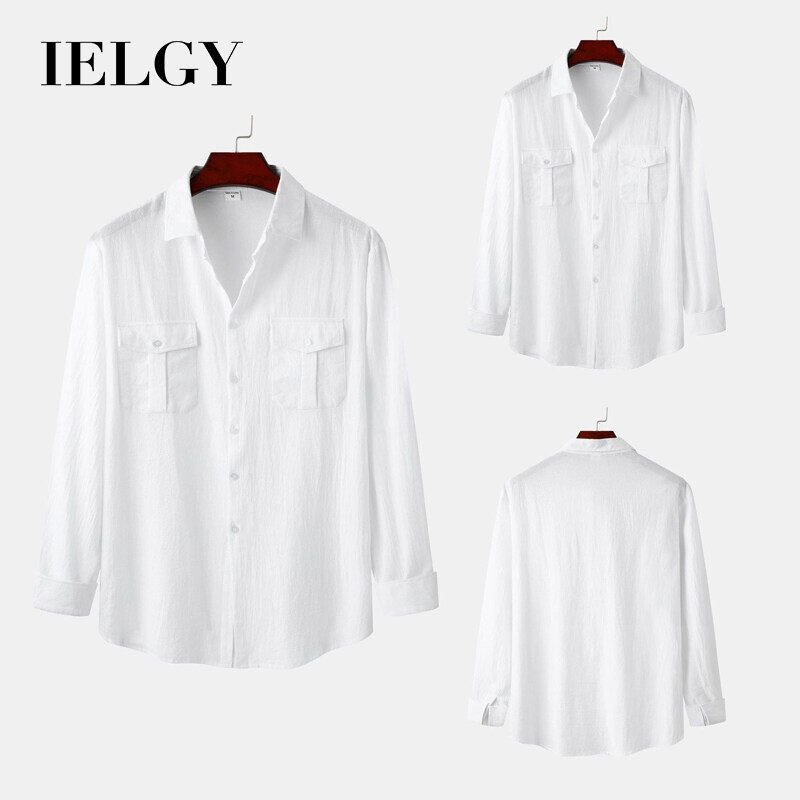 Ielgy áo sơ mi vải lanh áo sơ mi nam dài tay dáng ôm