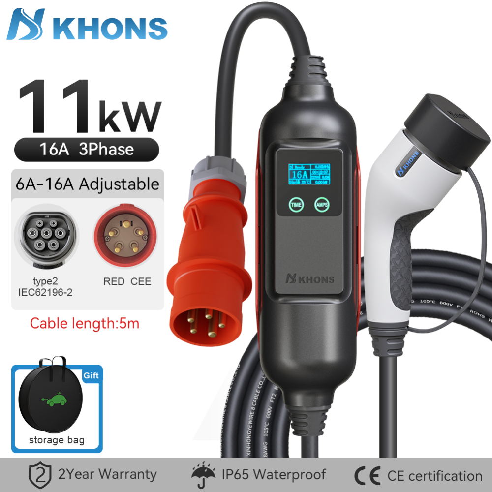 KHONS Mobile Wallbox 11KW, Type 2 Charging Cable with CEE Plug, 6 Meters | 16A | 11KW | 3-Phase, Wi-Fi & Wireless App Control, Portable EV Charger and Mobile Wallbox Charging Station for IEC 62196-2, Including a Carrying Bag & Microfiber Cleaning Cloth ราคา 11,699 บาท*ส่งฟรี
