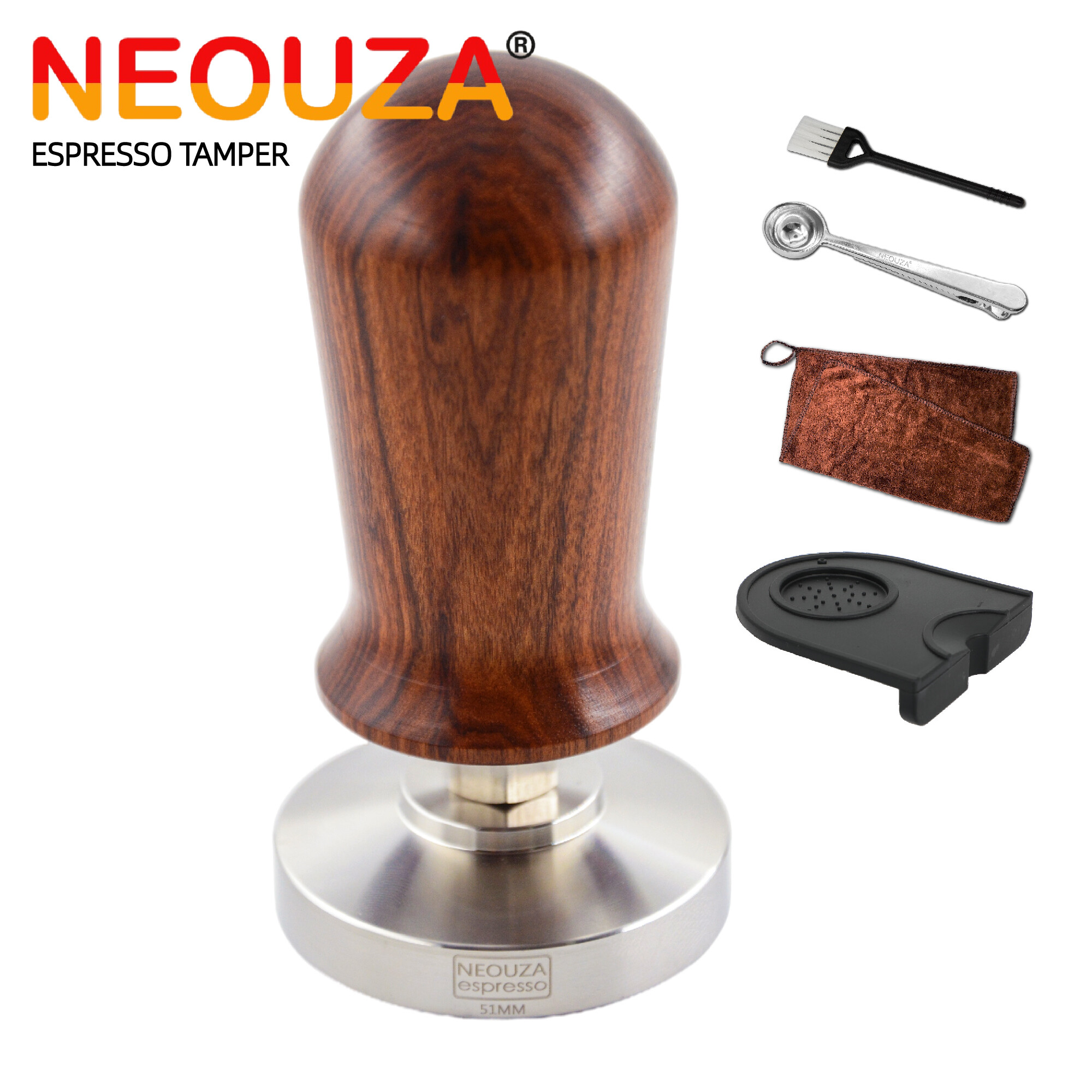 Gambar NEOUZA Calibrated Tamper Espresso Coffee 51mm 53mm 58mm Tamper Professional Pressure Coffee Press Hammer   304 Stainless Steel Flat Base with Spring Loaded Wooden Handle for Barista