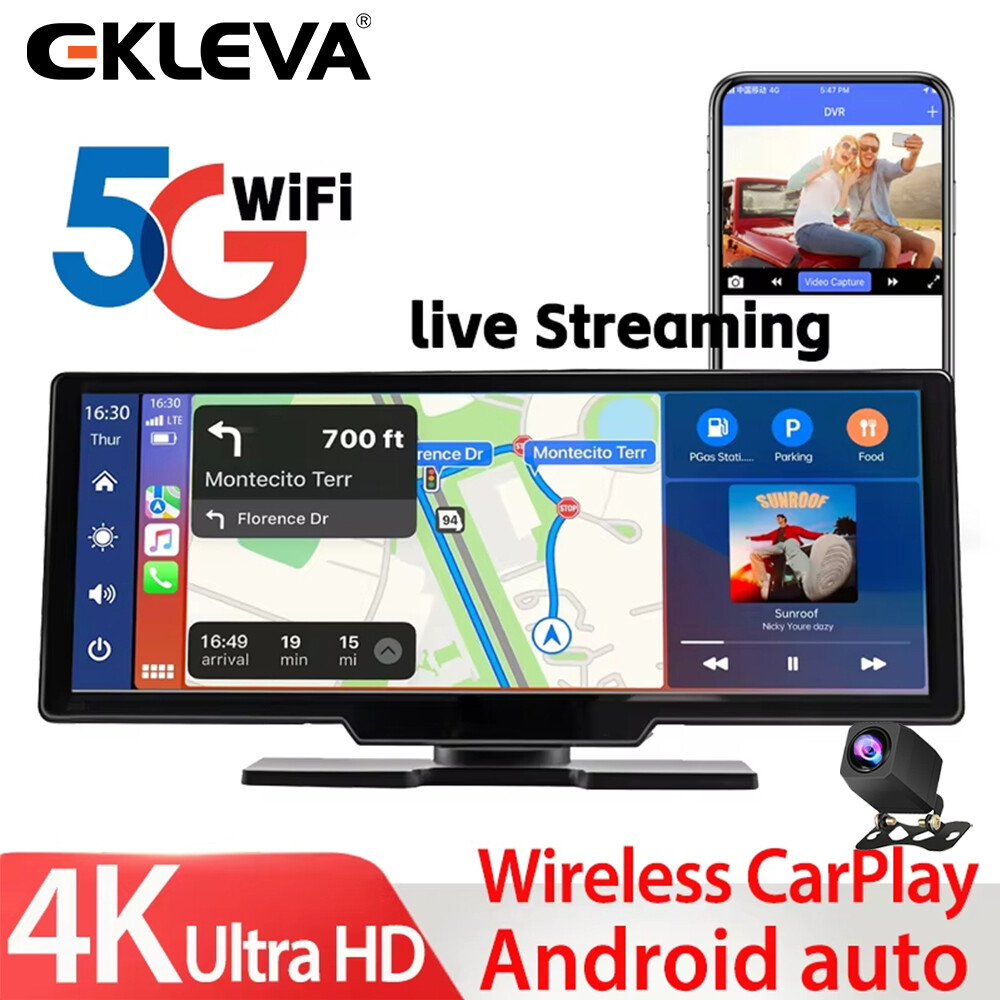  Ekleva 10.26 "Màn Hình 4K Camera ô tô Không Dây Carplay & Android Tự Động Dash Cam Bộ phát sóng FM Màn hình đỗ xe 5G Wifi Kết Nối Ứng Dụng Màn Hình 