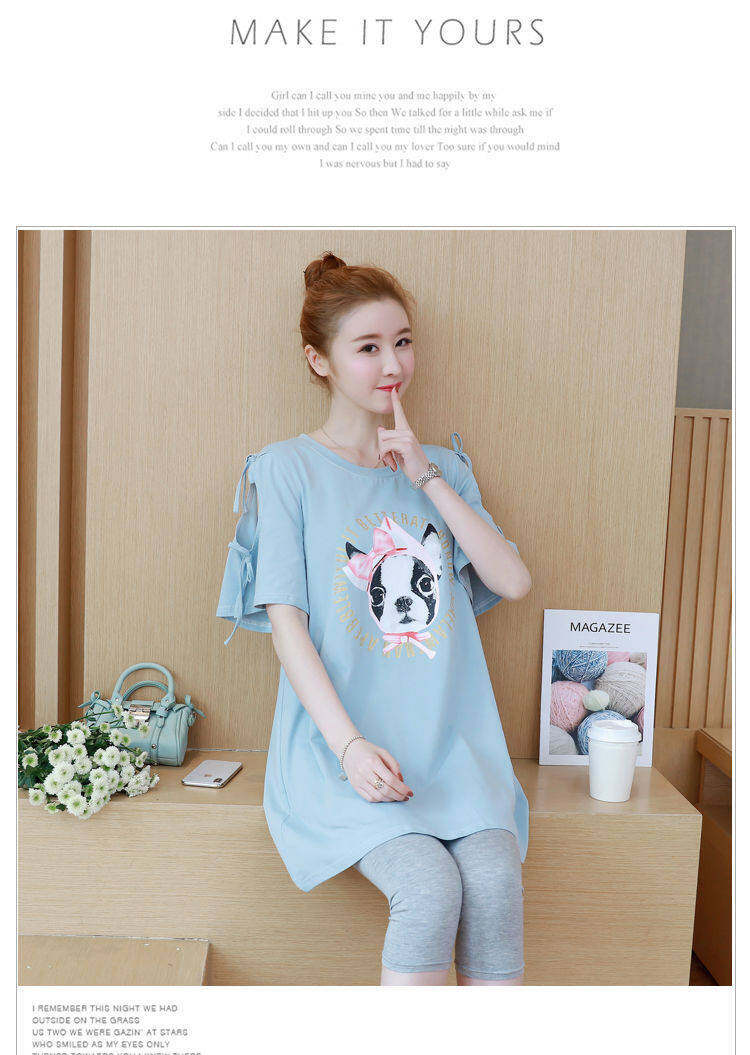 BoBoM Maternity Clothes Summer Suit Maternity T-shirt Short Sleeve Summer Base Top Loose Summer Mid-length Dress